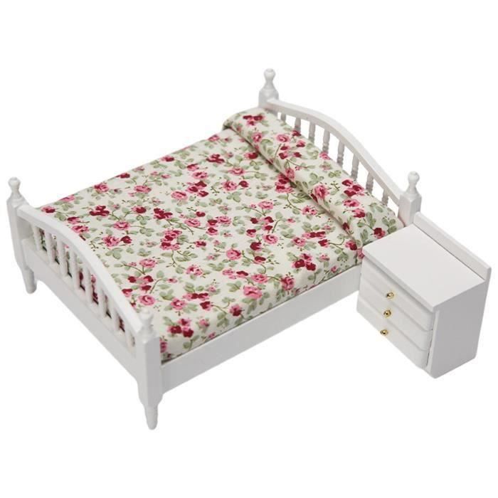 1:12 Lit Fer Blanc Gravures Florales Literie Amovible Chambre
