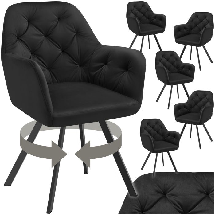 Chaise - TECTAKE - Lot de 6 fauteuils LUCIA pivotants et rembourrés en velours motif matelassé 58 x 58 x 87 cm - Noir