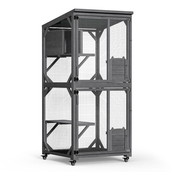 Meilleurs prix pour Wiltec Enclos extérieur chats parc 74x78x180cm Bois sapin Acier 3 niveaux Roues