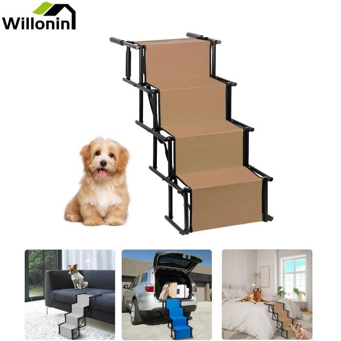 Meilleurs prix pour Willonin® Escalier à 4 Marches pour chiens, Pont Rampe pliable et portable, Hauteur reglable 56cm-76 cm Marron