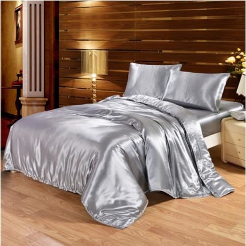 Parure de drap en Soie Satinée - Parure de lit 4 Pcs avec 2 Taies doreiller 1 Drap 1 Housse de Couette - gris clair - 220x240cm