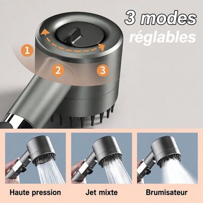 Pommeau De Douche Avec Tuyau 2m - 3 Modes, Économie D'Eau, Haute Pression, Design Étoilé - Blanc