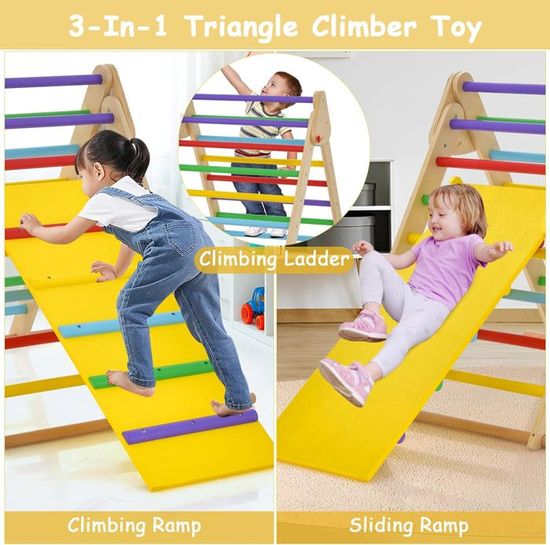 Triangle D'escalade Montessori + Toboggan Pliable - En Bois, Pour Enfants Dès 1 An