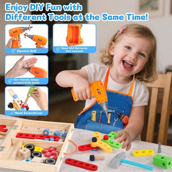 HERSITY Malette Outils Bricolage Enfant Avec Perceuse Et Visseuse Jouet Jeu D'Imitation Cadeau