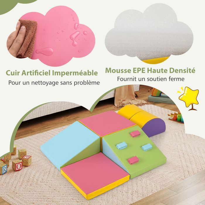 COSTWAY 6PCS Parcours Motricité Bébé en Mousse avec Housse Amovible et Lavable en Velours, pour Ramper Grimper Blanc - Sport