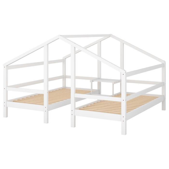 Lit cabane d'enfant -Beau lit d'appoint en bois massif avec barreaux et  sommier à lattes,protection antichute - 90x200cm blanc - Cdiscount Maison