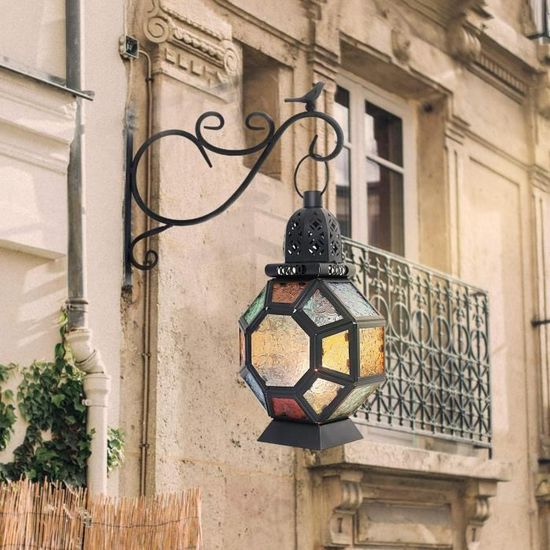 Coloré Lampe Lanterne pour Bougie Chandelle Décoration de Maison Orientale Chandelier en Fer Photophore Marocain pour lExtérieur au Jardin Lewondr Lanterne Marocaine en Métal Rétro Noir