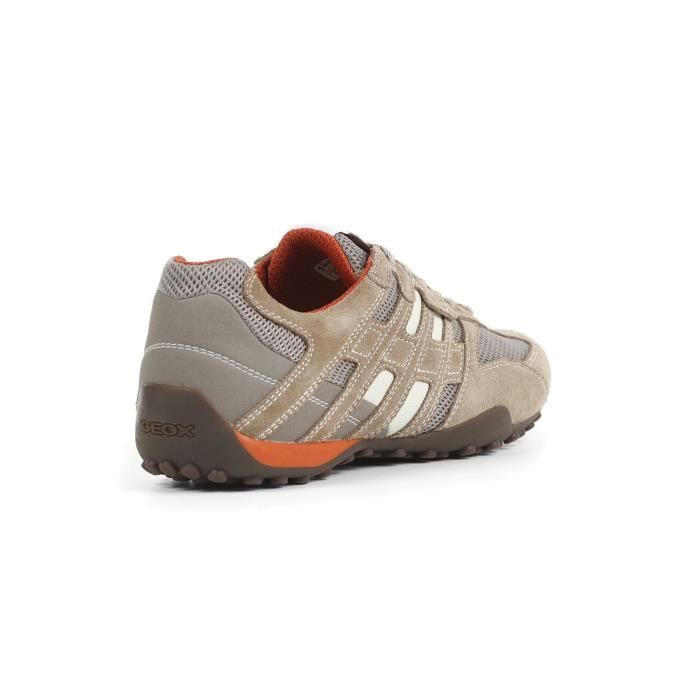 Baskets Homme Geox Snake Beige Orange Fonce Cuir et Textile Lacets Plats Semelle Interieure Amovible