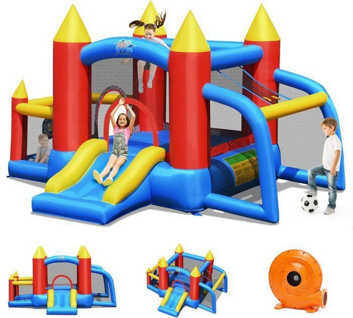 Piscine de château gonflable pour enfants avec toboggan et trampoline, pompe électrique, 350x250x185cm, multicolores