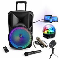 Pack Enceinte Karaoke USB Bluetooth sur Batterie Party-12RGB Tuner - 2 Micros - Télécommande - Pied support - 2 Jeux de Lumière