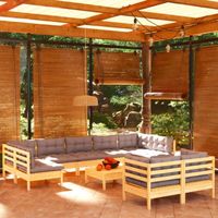 vidaXL Salon de jardin 10 pcs avec coussins gris Bois de pin massif, 63.5 x 63.5 x 28.5 cm, Gris, Bois de pin solide