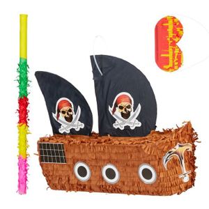 Piñata 3 tlg. Pinata Set Piratenschiff, Pinatastab mit Augenmaske, für Kinder, Stock & Augenbinde, selbst befüllen, Piñata, bunt