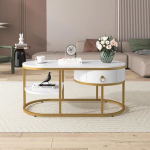 TABLE BASSE Table basse - aspect marbre et structure en fer doré - avec tiroirs et étagères - 100L x 50L x 45H cm