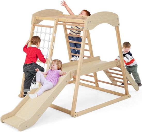 Arche D'escalade Montessori GOPLUS 4 En 1 Bois - Toboggan Ajustable, Bascule, 60kg Charge - Dès 1 An