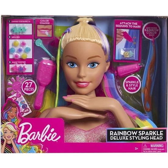 Tête de poupée Barbie Deluxe pour coiffer les cheveux arc-en-ciel - Barbie - 27 accessoires inclus