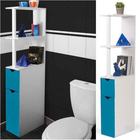 Meuble Wc Etagere Bois Gain De Place Pour Toilette Porte Bleue