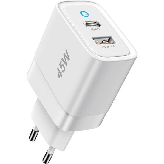 Chargeur USB-C 45W Avec Veilleuse - 2 Ports (USB-C + USB-A), Charge Rapide PD/QC - Compatible IPhone, Galaxy, IPad