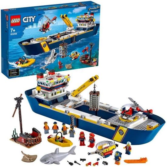LEGO® City 60266 Le bateau d’exploration océanique, Jouet qui Flotte, Ensemble sous-marin avec Animaux pour Enfants 7 ans