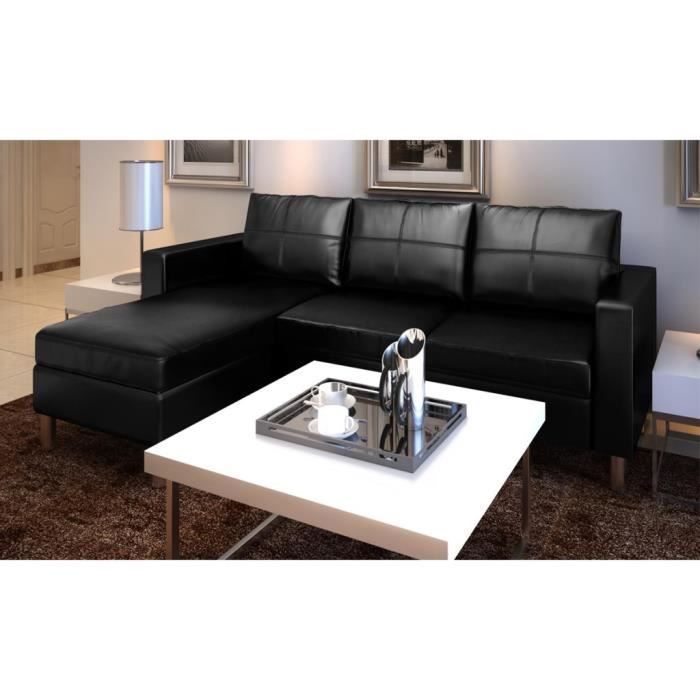 P94 Canape d'angle 3 places modulable en cuir artificiel noir
