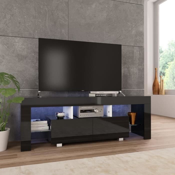 Luxueux Meuble TV Design - Meuble de rangement Meuble de Télévision avec lumière LED Noir brillant 130 x 35 x 45 cm ♫46783