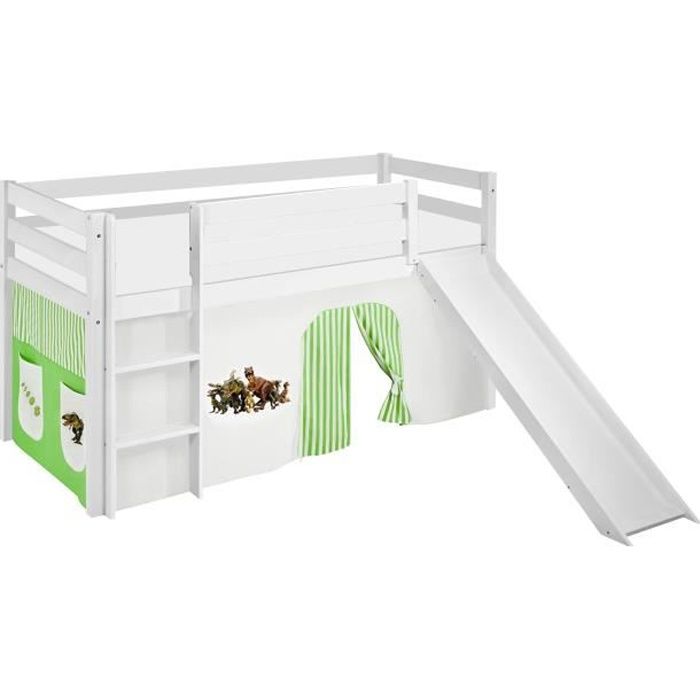 Lit surélevé ludique JELLE 90 x 190 cm Dinos vert beige- avec rideaux et toboggan - LILOKIDS - blanc laqué