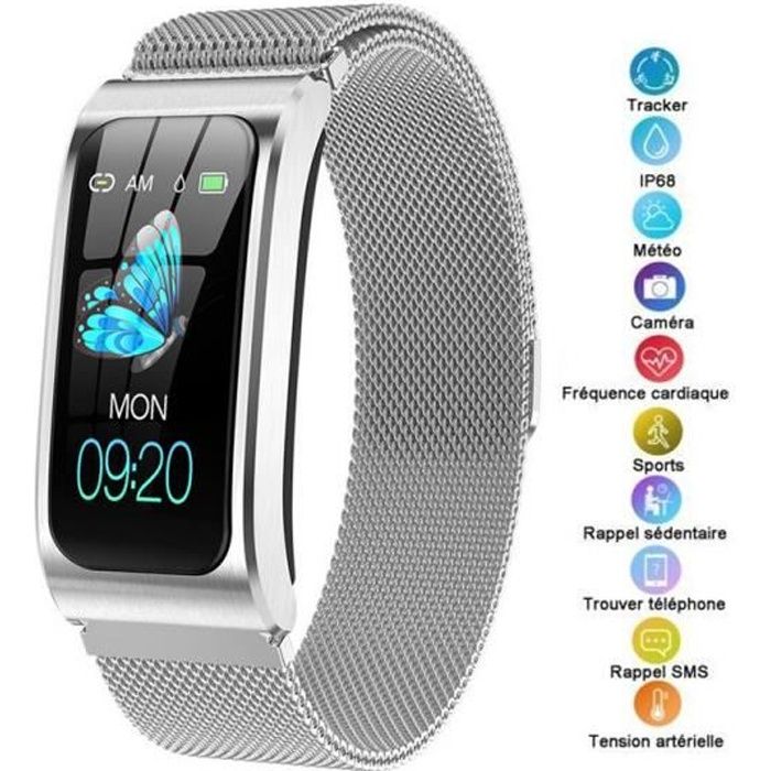 Montre connectée de Femme, Bracelet Argent Métal 1,14 Ecran Couleur HD IP67 Montre Etanche Sport Smart Watch AK12