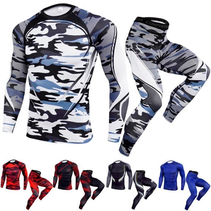 Ensemble de Vetements de Sports Homme compression Fitness Yoga Vetements Homme T-Shirt Manches Longue+ Pantalon