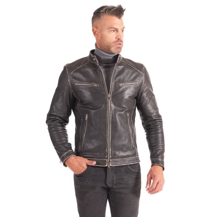Blouson cuir noir veste moto aspect vintage