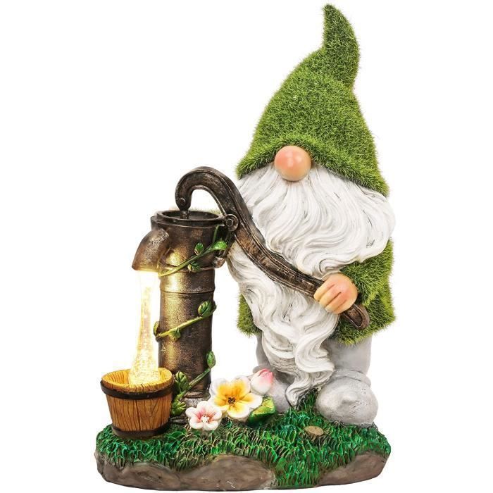 Statue de nain de jardin en résine imperméable avec lumière solaire pour la décoration de jardin extérieur Yolistar Eau pressée