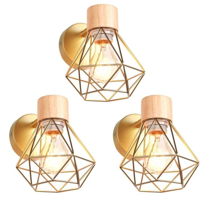 WOTTES 3pcs Applique murale en bois Moderne intérieure Ø16cm Doré Cage lampe murale industrielle pour Cuisine Balcon