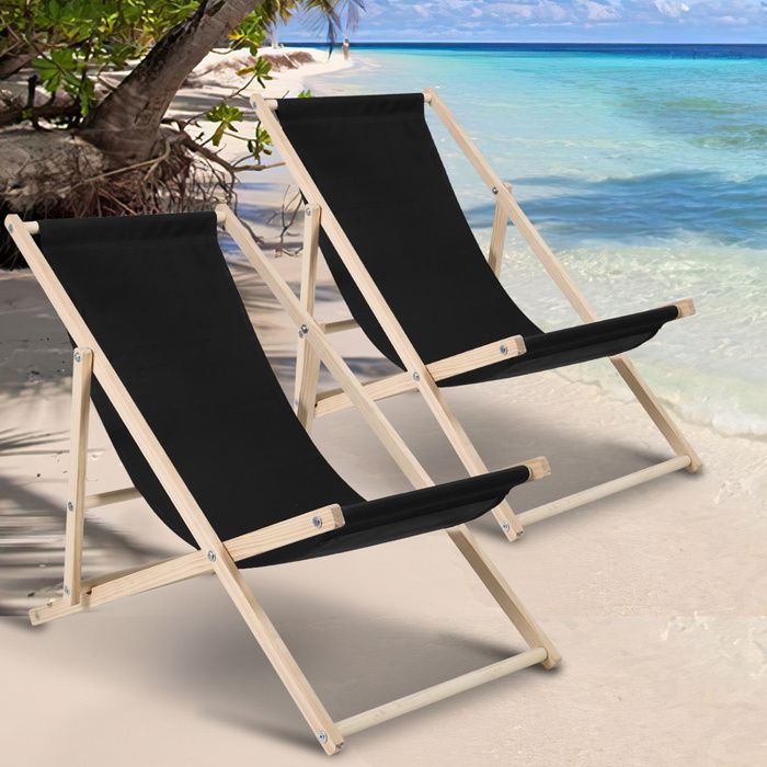 chaise longue pliante en bois chaise de plage chilienne noir 2 pièces chaise longue - transat - bain de soleil