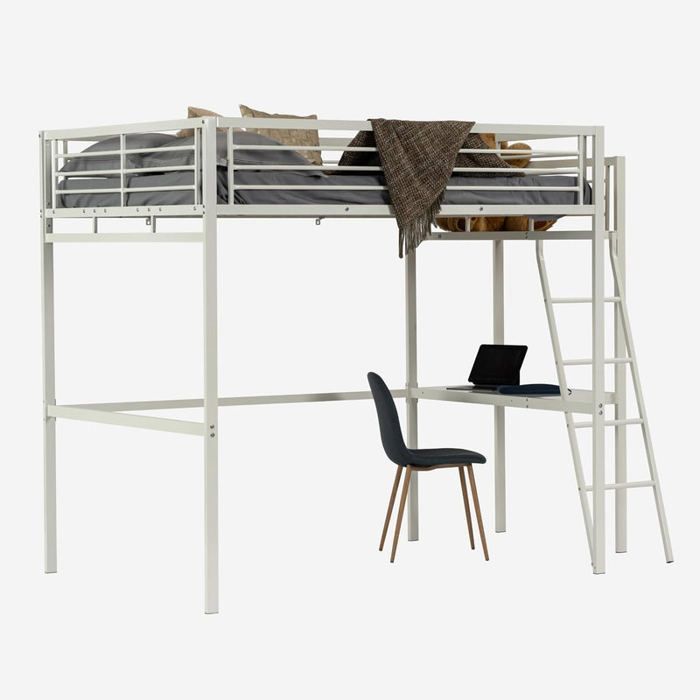 MEUBLES COSY Lit mezzanine 2 places en métal blanc avec bureau intégré couchage de 140x190cm (matelas non inclus) - LIONEL