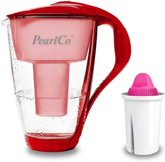 PearlCo Caraffa Filtrante In Vetro Rosso Con 1 Cartuccia AquaMag Classic - Compatibile Brita Classic