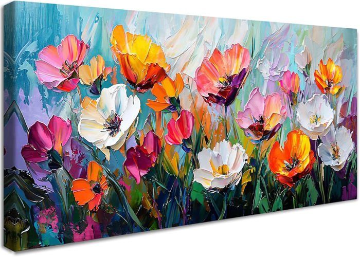 Tableau Abstrait Fleurs Sur Toile 80x160 Cm - Impression Couleur Vive, Résistant UV - Décoration Murale Salon Sans Cadre - 11