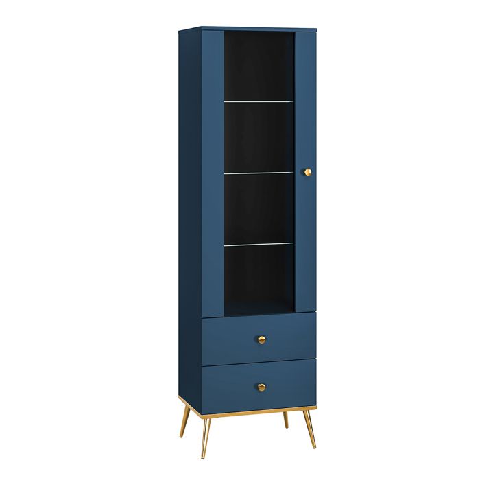Vitrine 1 porte 2 tiroirs Petits-meubles - Thalia - 55 x 40 x 190cm - Bleu