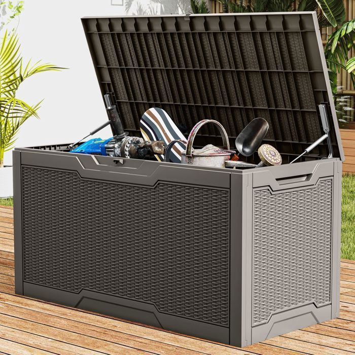 YITAHOME Coffre de jardin Coffre de rangement en Résine - 380L - 115 x 55 x 58.5 cm - Intempéries - Verrouillable - Marron Clair