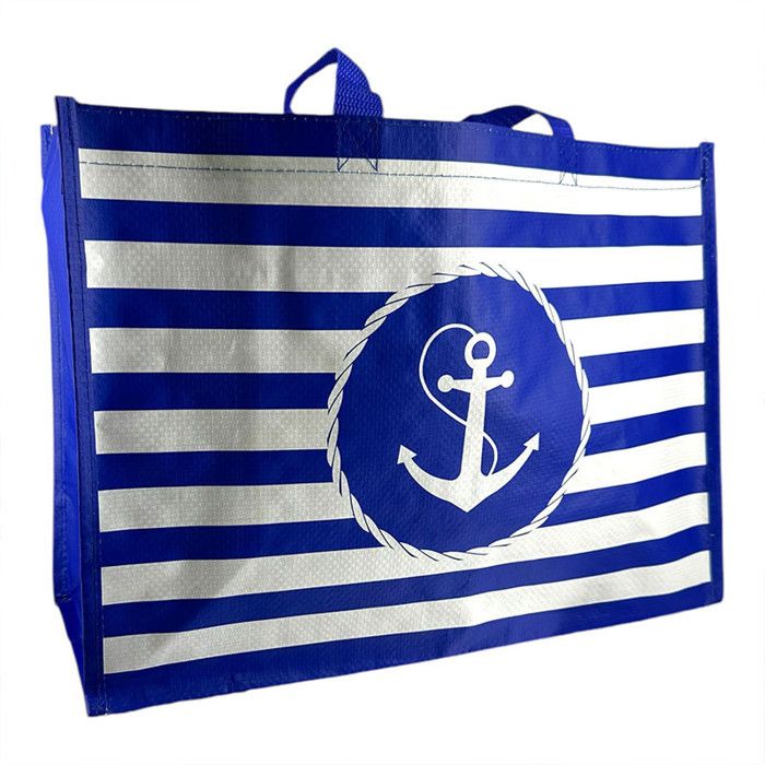 Sac de courses - Cabas - PVC - 2 anses tissus - Rayures blanc/bleu - 42x30x17cm