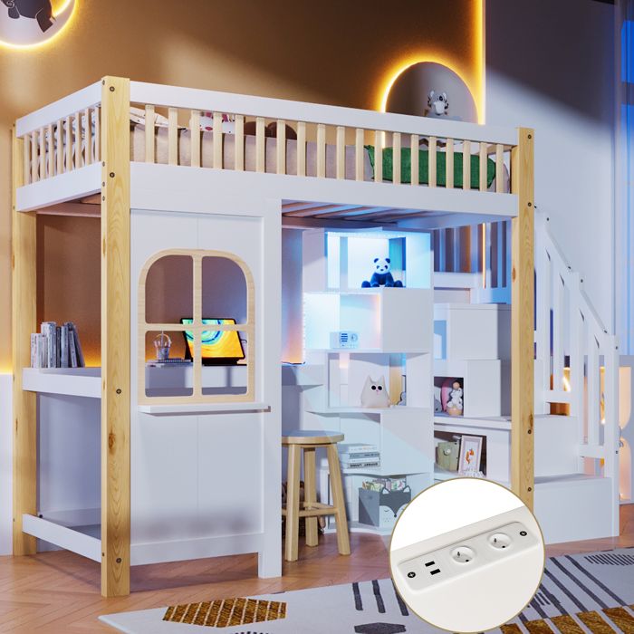 Lit mezzanine en bois 90 x 200 cm avec bureau et compartiment de rangement lit simple avec lumières LED pour enfants naturel Lit mezzanine en bois 90 x 200 cm avec bureau et compartiment de rangement lit simple avec lumières LED pour enfants naturel