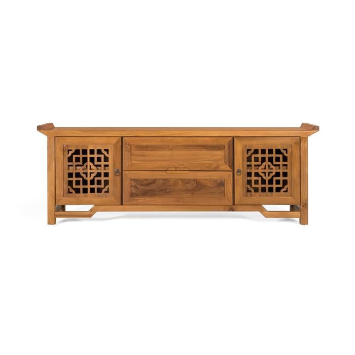 Meuble TV en teck massif - 180 cm - Deux portes - Deux tiroirs - Miel clair - Style exotique - Bois massif - Robuste Meuble TV en teck massif - 180 cm - Deux portes - Deux tiroirs - Miel clair - Style exotique - Bois massif - Robuste