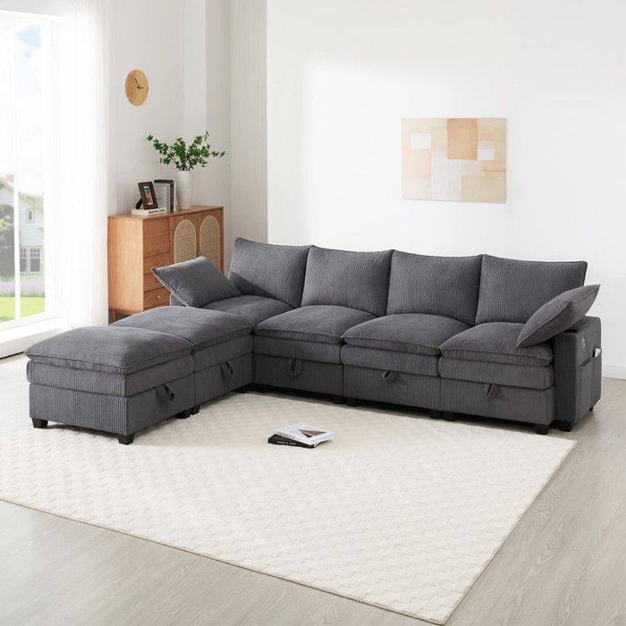Canapé en L moderne - MODERNLUXE - 4 places - Repose-pieds amovible - Ports USB - Compartiments de rangement - Gris
