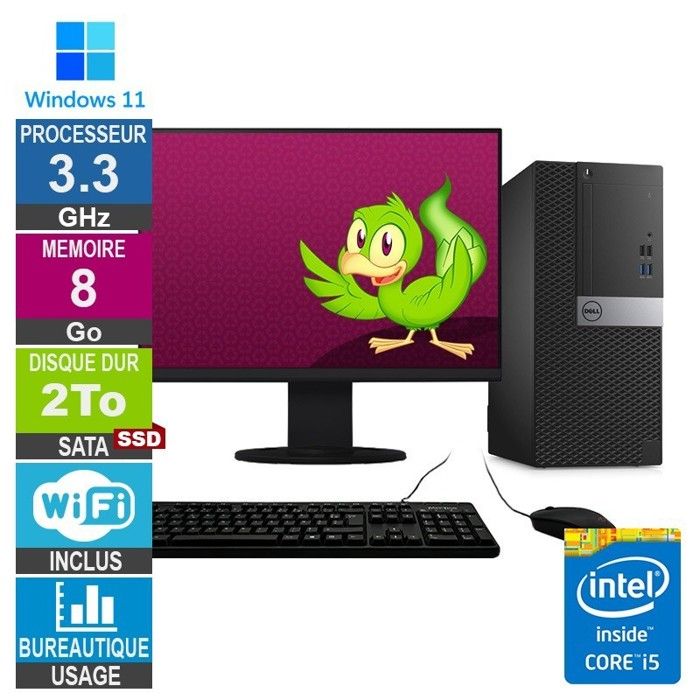 Optiplex 5040 MT i5 6400 3.30GHz 8Go SSD Wifi W11 + Ecran 20 Très bon état