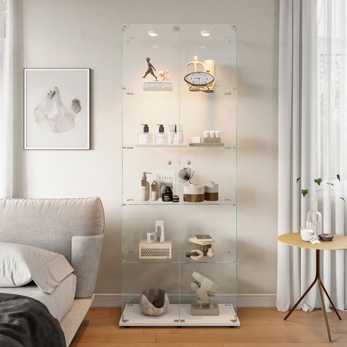 Vitrine en verre trempé blancmeuble de collection transparent avec 2 porte et 5 niveaux et lampe toucher，pour salle à mangersalon