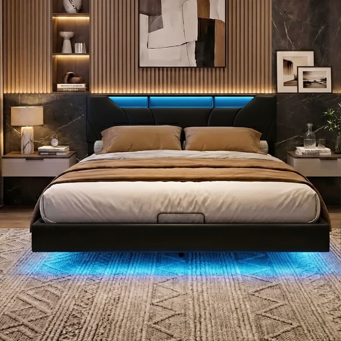 Lit Double 160x200 cm -Lit suspendu Tête de Lit Réglable - Coffre Rangement - LED RGB - USB/Type-C - Design Flottant - PU - Noir