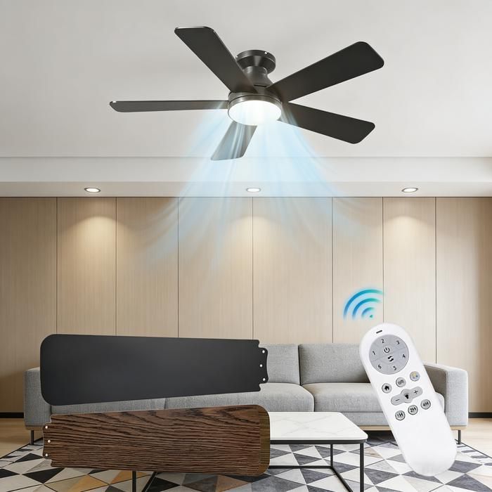 Ventilateur de Plafond Silencieux avec Éclairage et Télécommande 106 cm Lampe LED à Intensité Variable 6 Vitesses 5 Pales Minuterie - Joulli