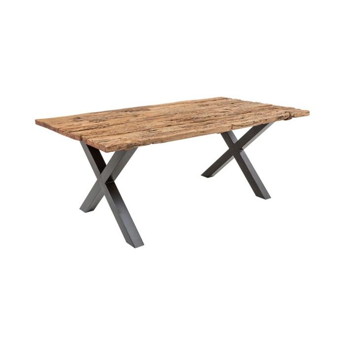 Table de salle à manger RAFTA 180 cm – Plateau en bois massif de teck – Pieds en X en métal noir