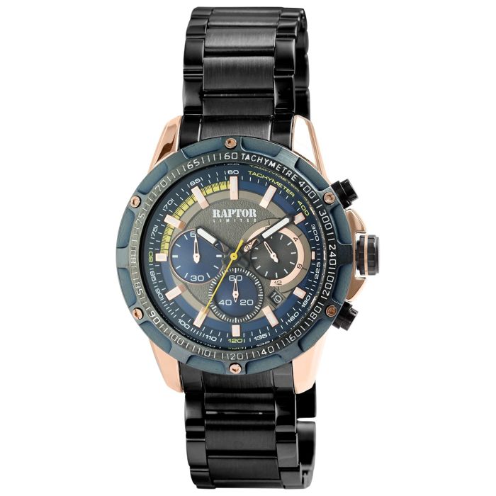 Montre Homme - RAPTOR - Omran - Boîtier métal 46 mm - Cadran bleu - Bracelet acier inox noir 22 mm