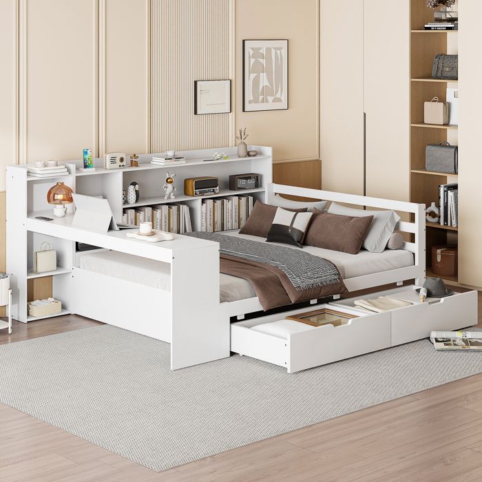 Lit multifonction - MERAX - Lit double 140x200 cm - Bureau intégré - 2 tiroirs - Prise USB