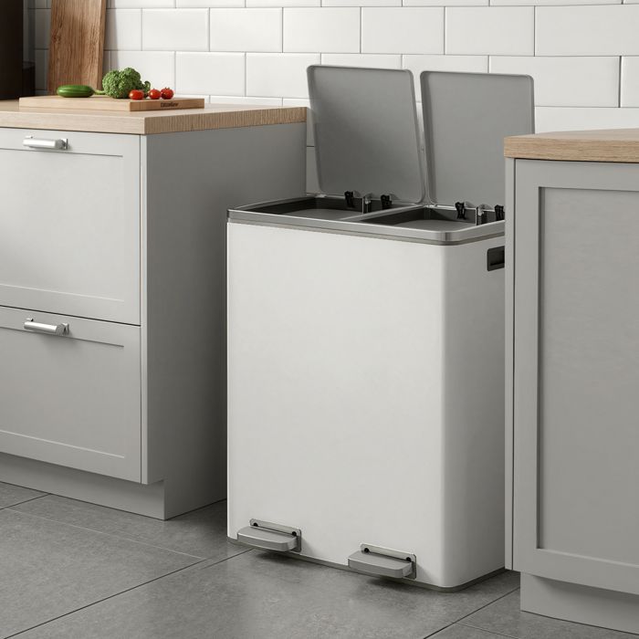 Poubelle de 60 L avec 2 Compartiments Seaux Intérieurs Amovibles Pédales Cuisine Sacs Inclus Blanc et Gris