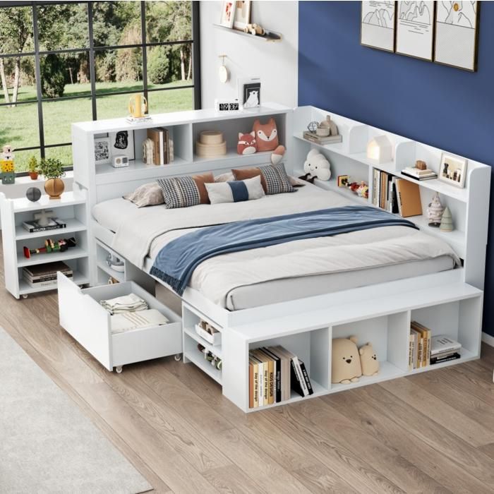 Lit enfant blanc multifonction avec rangements tiroir et bibliothèque