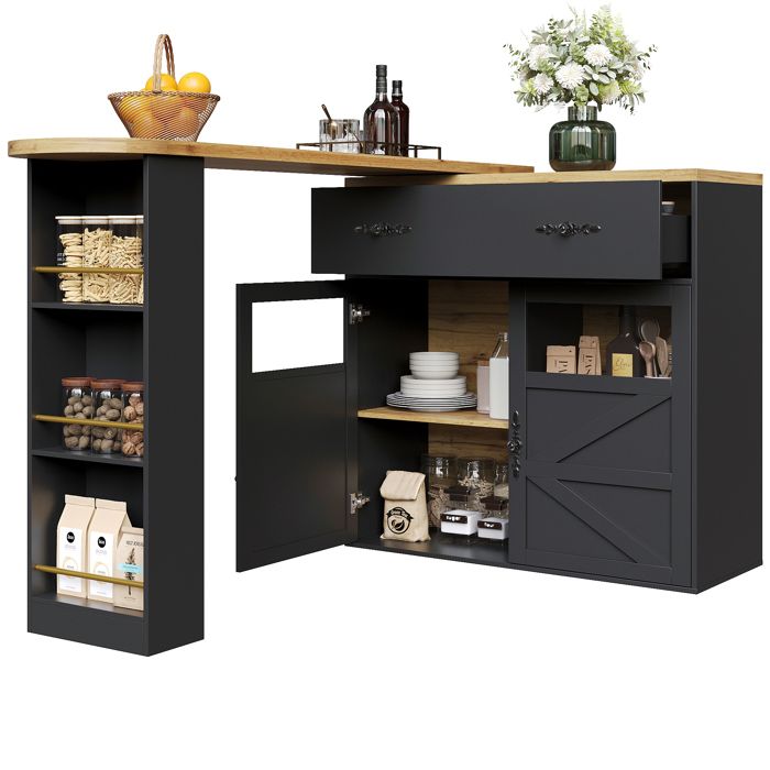 VLIVRA Table de salle à manger avec tiroir étagères réglables et plateau pivotant - pour cuisine - 138–204×39×104 cm - noir
